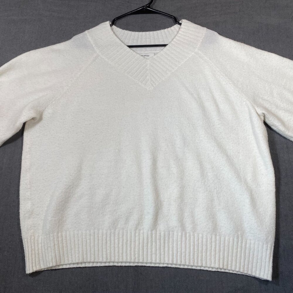 Banana Republic Womens White V-Neck Sweater XL Alpaca Blend Ribbed Hem